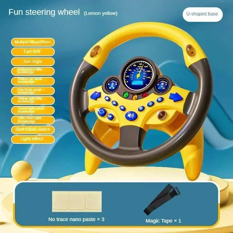 Lemon yellow steering wheel toy on a U-shaped base with three nano paste pieces and one magic tape shown below