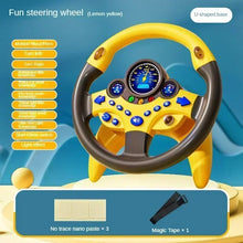 Lemon yellow steering wheel toy on a U-shaped base with three nano paste pieces and one magic tape shown below