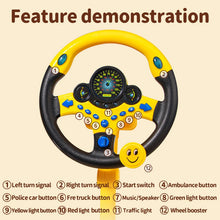 Yellow steering wheel toy with a numbered button guide for turn signals, start switch, ambulance, police car, fire truck, music and lights