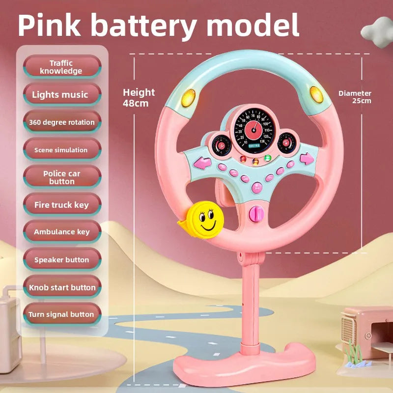 Pink battery model steering wheel toy with a feature list, a height of 48 cm and a diameter of 25 cm