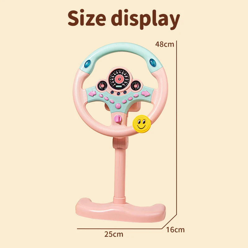 Pink steering wheel toy on a stand with size markers of 48 cm tall and a 25 by 16 cm base