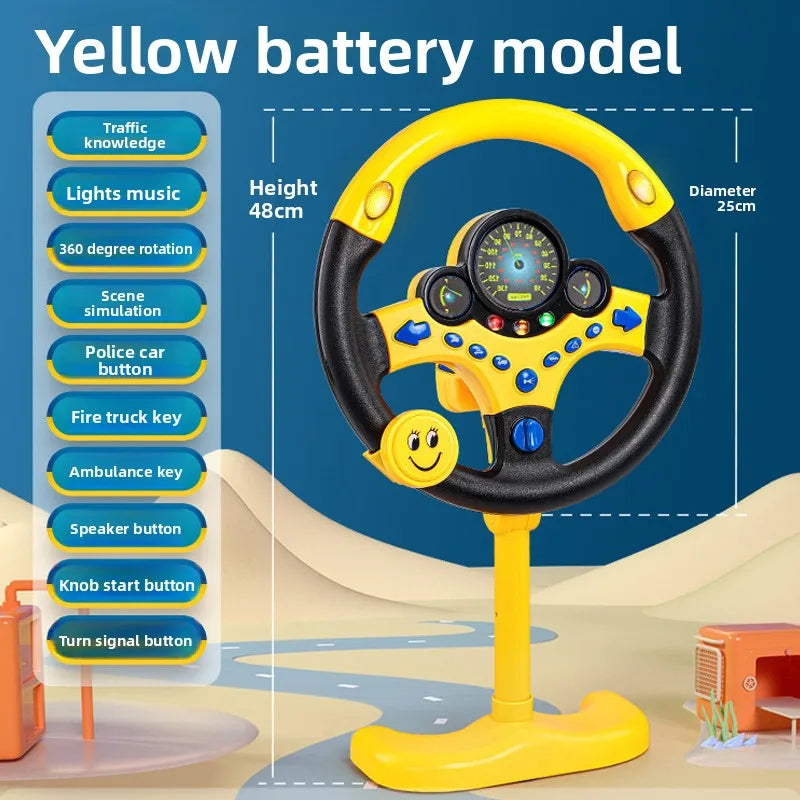 Yellow battery model steering wheel toy with a feature list, a height of 48 cm and a diameter of 25 cm