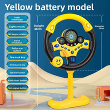Yellow battery model steering wheel toy with a feature list, a height of 48 cm and a diameter of 25 cm