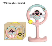 Electric simulated steering wheel toy in pink with base bracket for car seat mounting.
