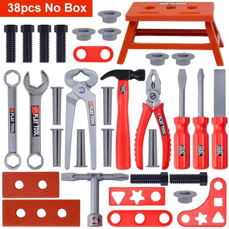 Set of tools including a red stool, wrenches, pliers, and screwdrivers.