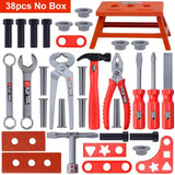 Set of tools including a red stool, wrenches, pliers, and screwdrivers.