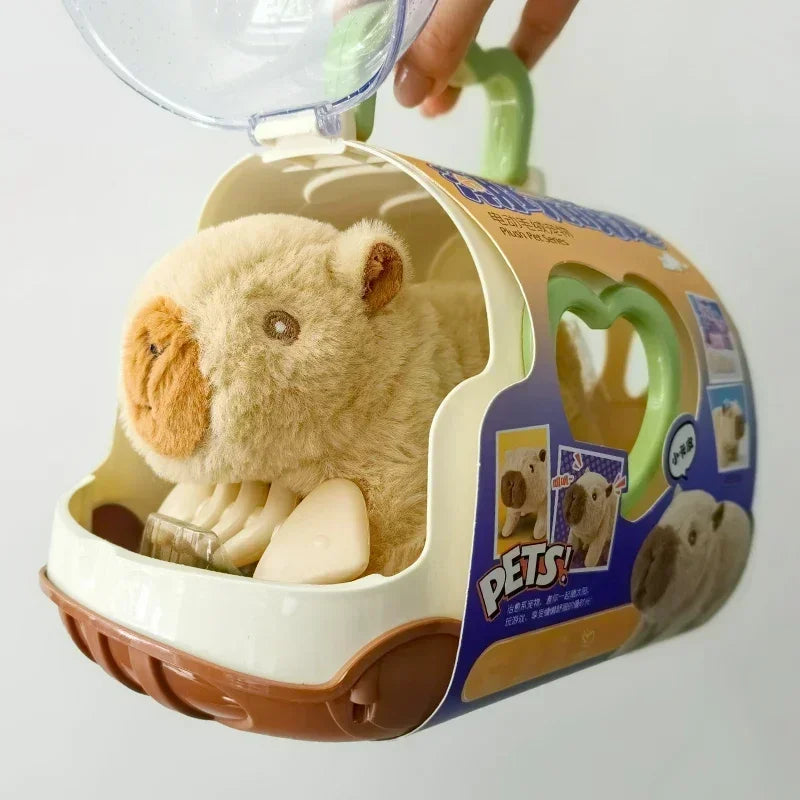 Cream and brown carrier case holding a light brown capybara plush toy with small accessories