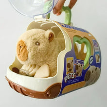 Cream and brown carrier case holding a light brown capybara plush toy with small accessories