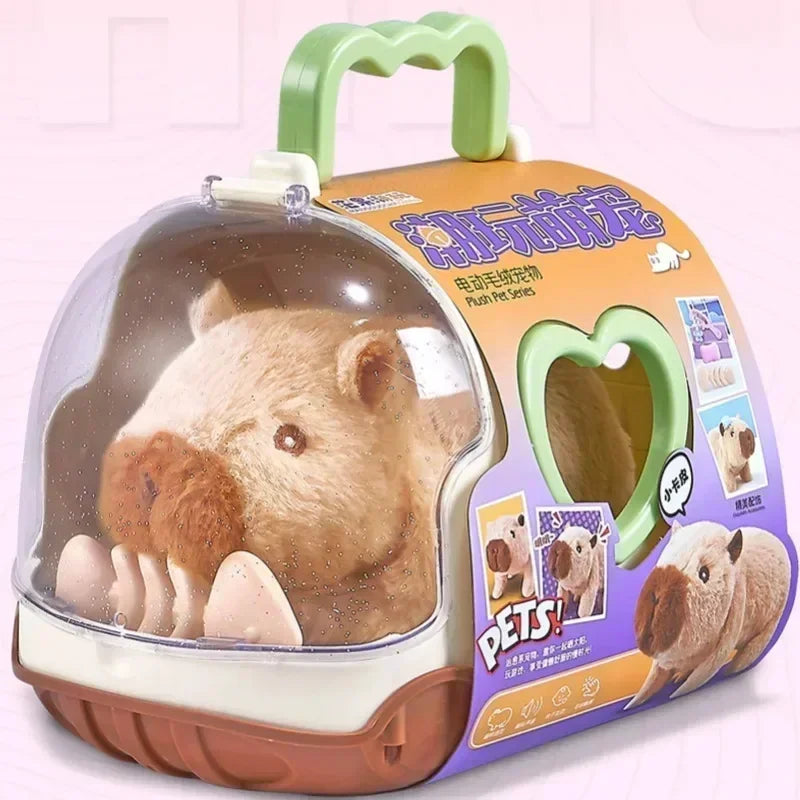 Cream and brown carrier case with a green handle holding a brown capybara plush toy on a pink background