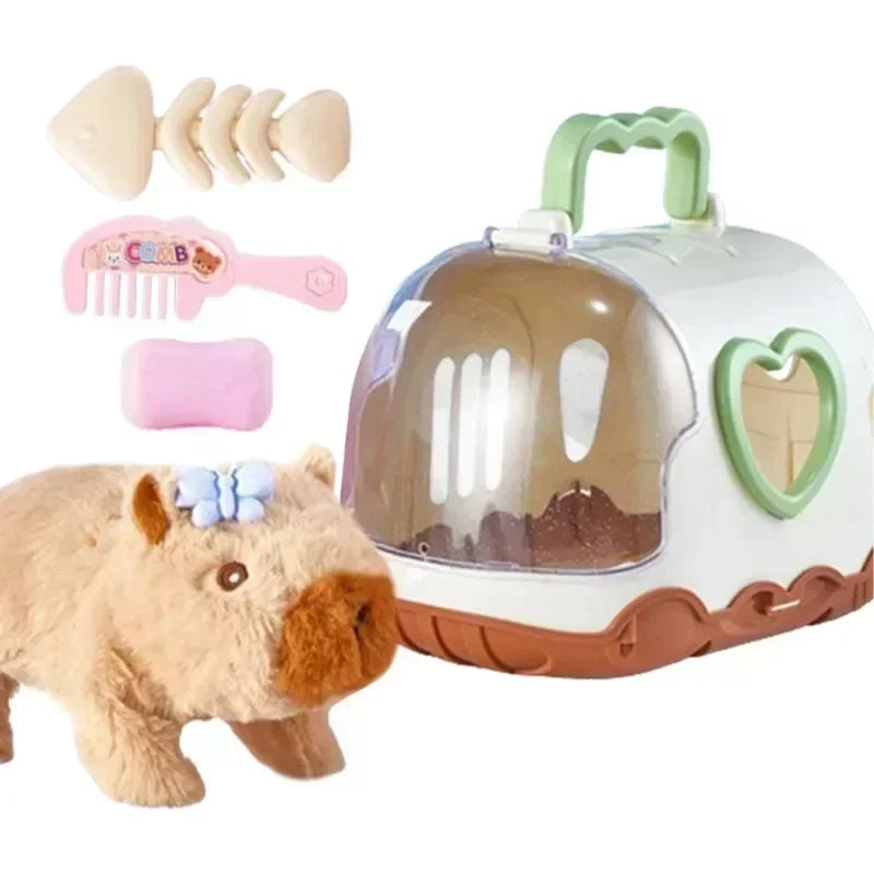 Brown capybara plush toy with a blue bow beside a carrier case, a comb, a soap bar and a fish-bone toy