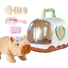 Brown capybara plush toy with a blue bow beside a carrier case, a comb, a soap bar and a fish-bone toy
