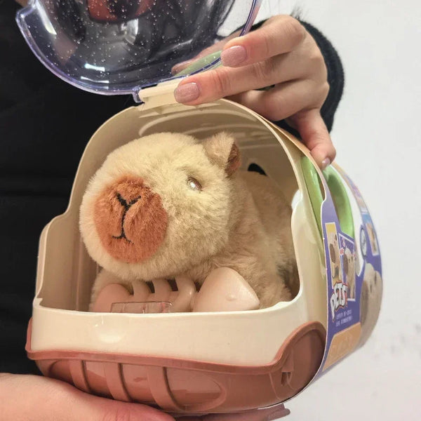 Hand holding a cream carrier case with a heart window and a brown capybara plush toy inside