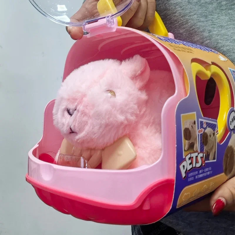 Hand holding a pink carrier case with a pink capybara plush toy inside, second view