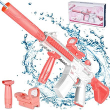 Red and white water gun with water splashes and packaging.