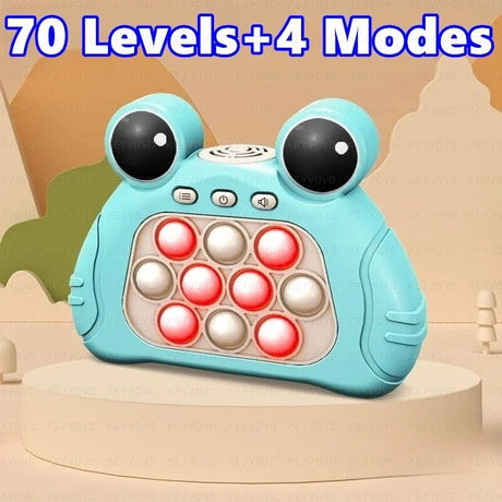 Toy frog with buttons on a beige background, featuring text '70 Levels + 4 Modes'.