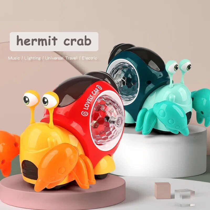 Electronic crawling crab glowing music toy shown in colorful variants for engaging playtime.