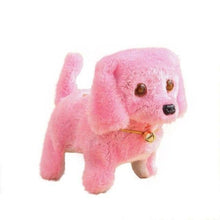 Pink plush toy dog with a bell.