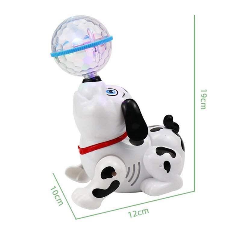 Toy dog with a ball on a white background, showing dimensions.