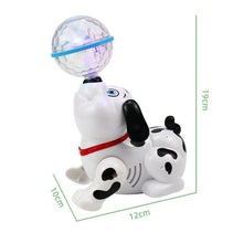 Toy dog with a ball on a white background, showing dimensions.