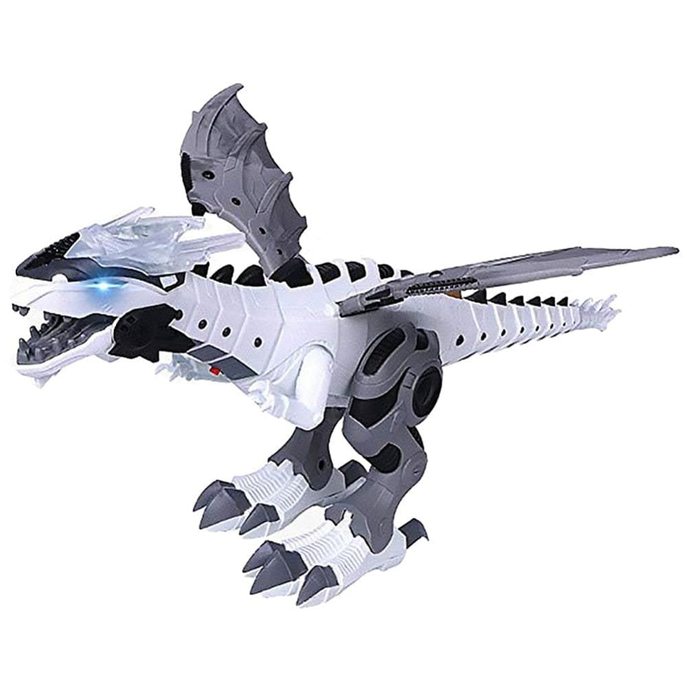 Electronic Walking Spray Dinosaur Robot in black and grey with sound and light detail for imaginative dinosaur play.