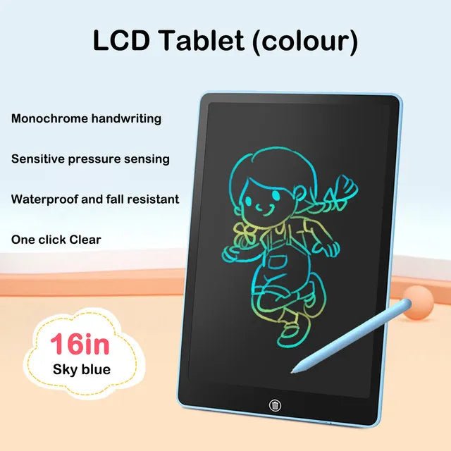 16-inch sky blue LCD tablet with a drawing of a girl and features listed.