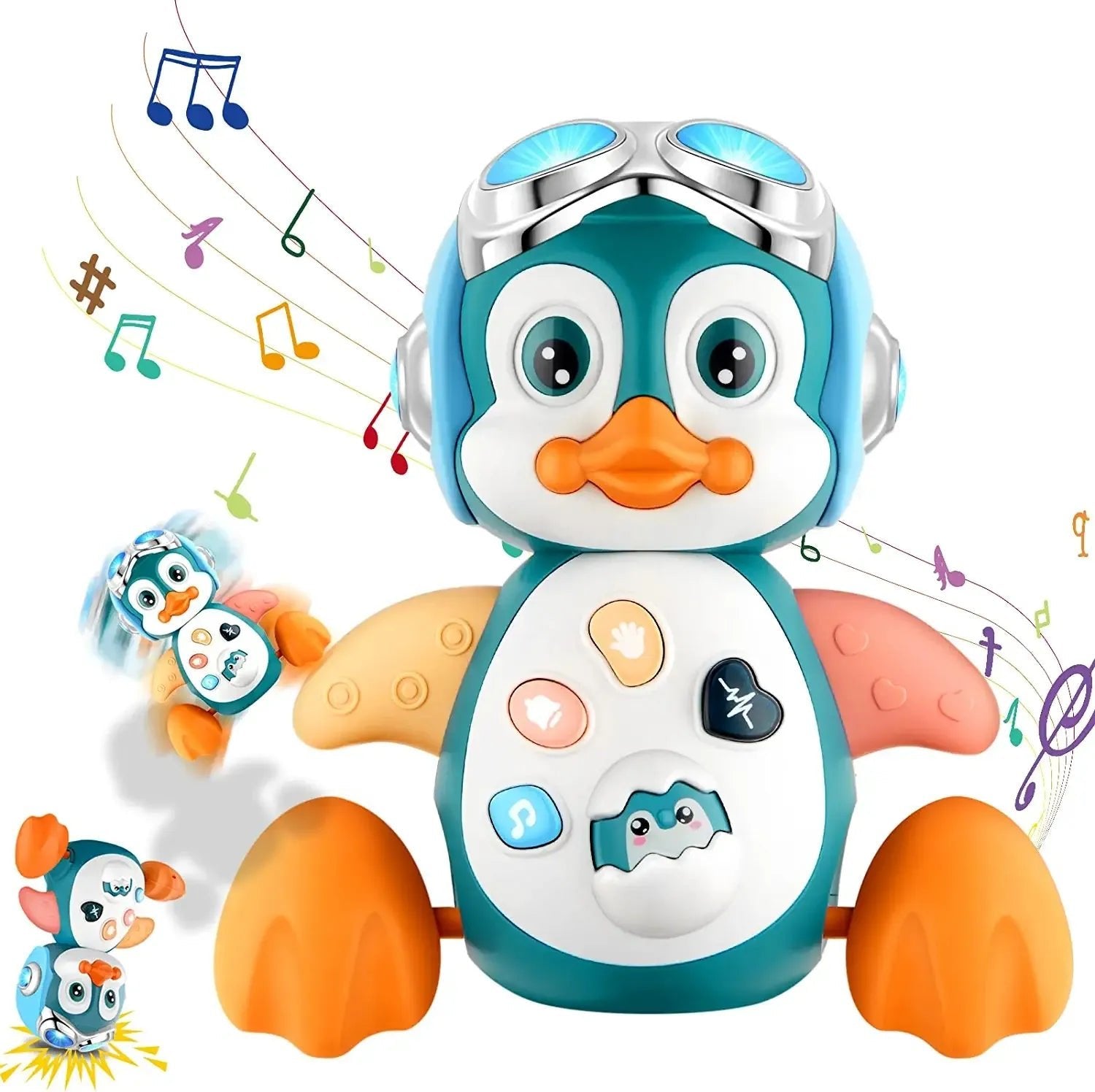 Toy penguin with musical notes and lights.
