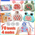 Collection of colorful pop-it toys with different designs and a hand holding one, on a white background.