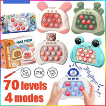 Collection of colorful pop-it toys with different designs and a hand holding one, on a white background.