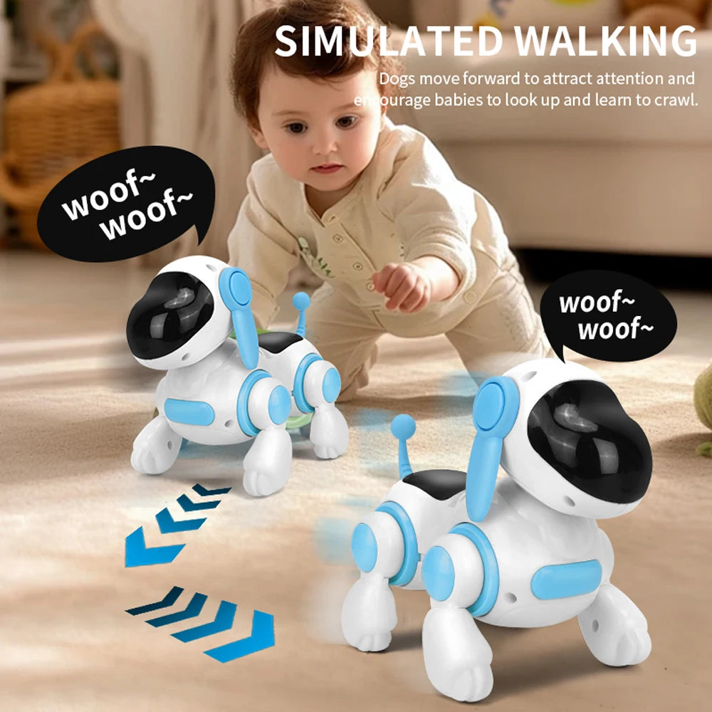 Baby crawling toward two white puppy toys with woof speech bubbles and walking arrows