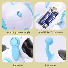 Four close-ups showing the power switch, two AA batteries, a soft ear and a soft tail