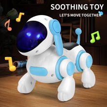 White puppy toy with glowing blue eyes and floating music notes