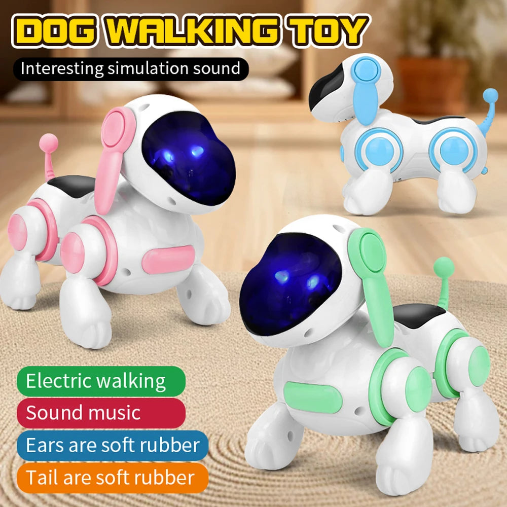 Pink, blue and green puppy toys with notes on electric walking, sound music, soft rubber ears and tail
