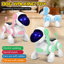 Pink, blue and green puppy toys with notes on electric walking, sound music, soft rubber ears and tail