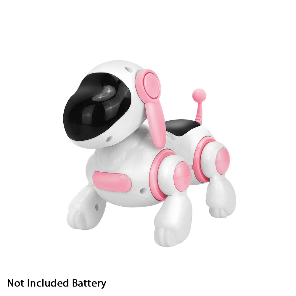 Pink puppy toy with a note that batteries are not included