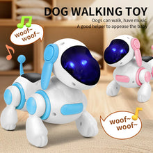 Blue puppy toy beside a pink one with woof bubbles and music notes in a living room