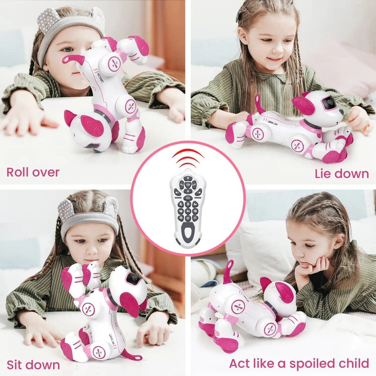Children playing with a robot dog toy and its remote control, demonstrating various actions.