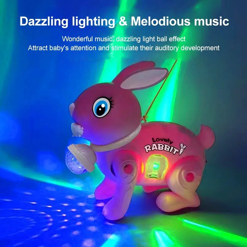 Electronic walking rabbit toy with colorful light and music effects for baby crawler play.
