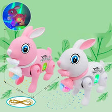 Electronic walking rabbit toy pair shown on a green leaf background for nursery play.