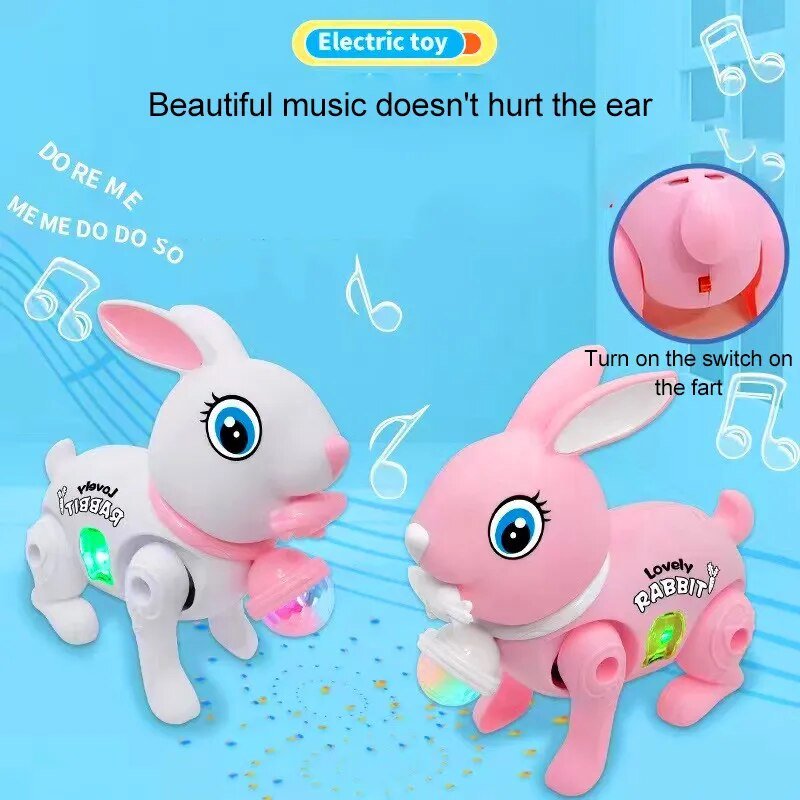Electronic walking rabbit toy pair with music notes for interactive baby crawling play.