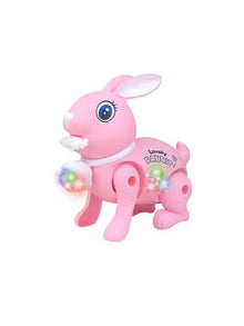 Electronic walking rabbit toy in pink with colorful lights for engaging baby crawler play.