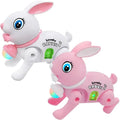 Electronic walking rabbit toy in pink and white for musical baby crawler play.
