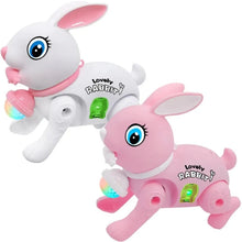 Electronic walking rabbit toy in pink and white for musical baby crawler play.