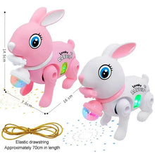 Electronic walking rabbit toy pair with size measurements and elastic drawstring for baby play.