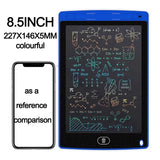 8.5-inch electronic writing pad with blue border and mathematical equations on screen, next to a smartphone for size comparison.