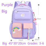 Purple backpack with rainbow designs and measurements.