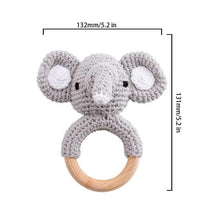 Elephant crochet baby rattle and teether wooden ring, a handmade nursery toy for teething babies and gift sets.