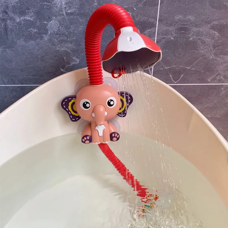 Elephant model electric water spray bath toy in red with a flexible hose for bath fun.
