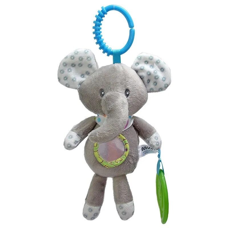 Blue and green elephant plush handbell rattle with teether for newborn comfort, gripping, and teething relief.