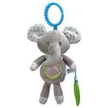 Blue and green elephant plush handbell rattle with teether for newborn comfort, gripping, and teething relief.