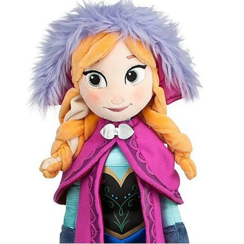 Plush toy of a character from Disney's 'Frozen' with purple hair and pink cape on a white background